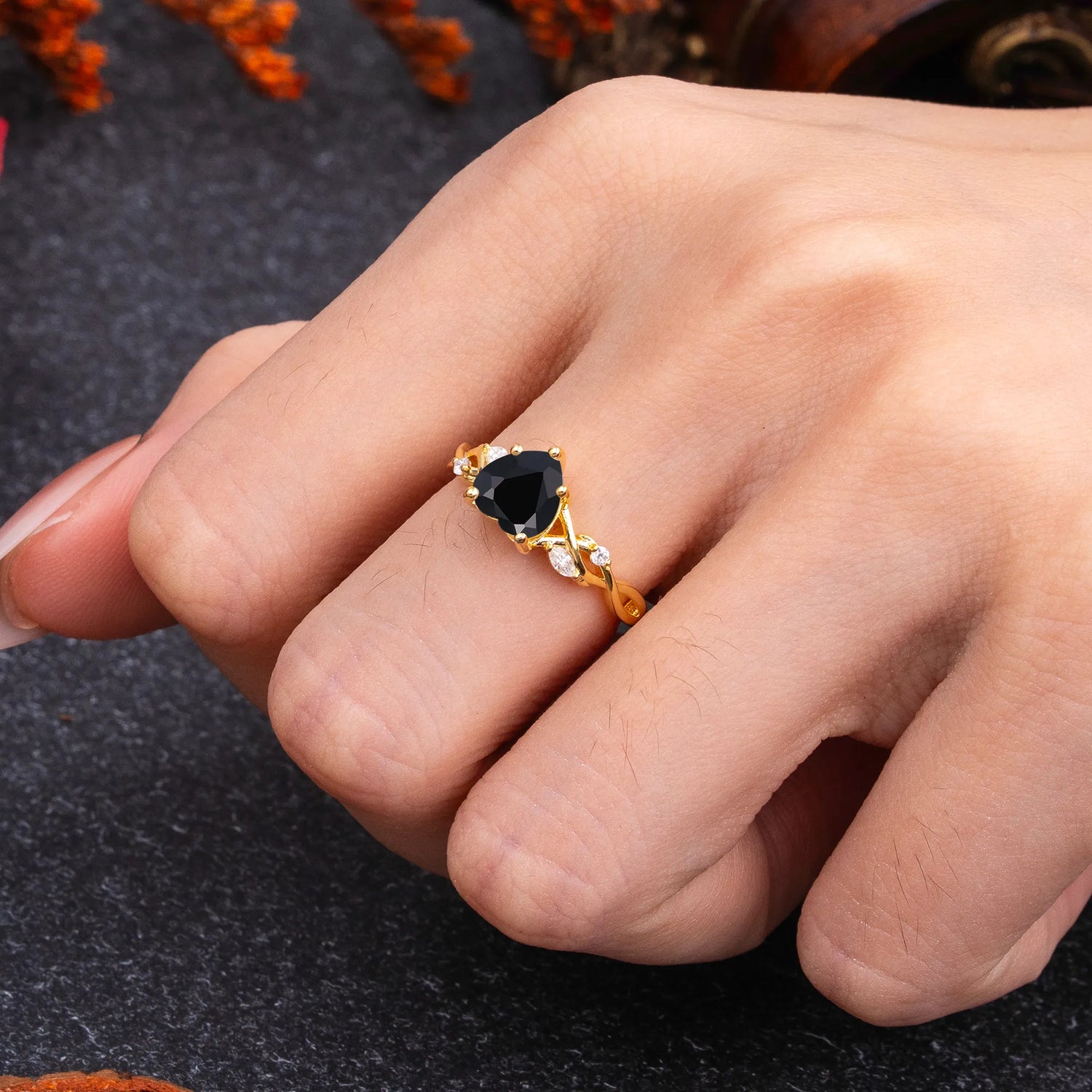 Vintage 5-Prong Heart-Cut Black Onyx Engagement Ring