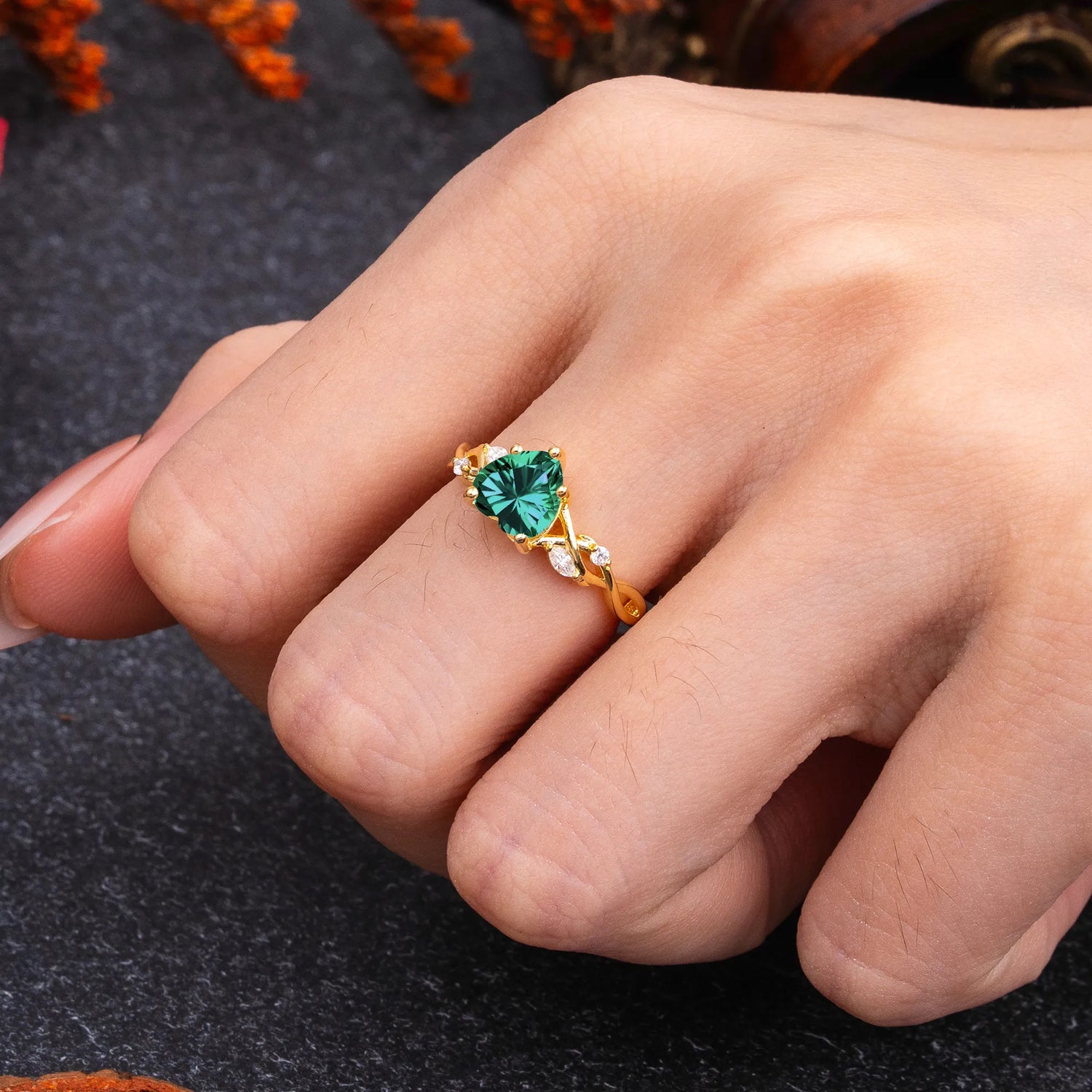 Vintage 5-Prong Heart-Cut Emerald Engagement Ring - Romalar Jewelry