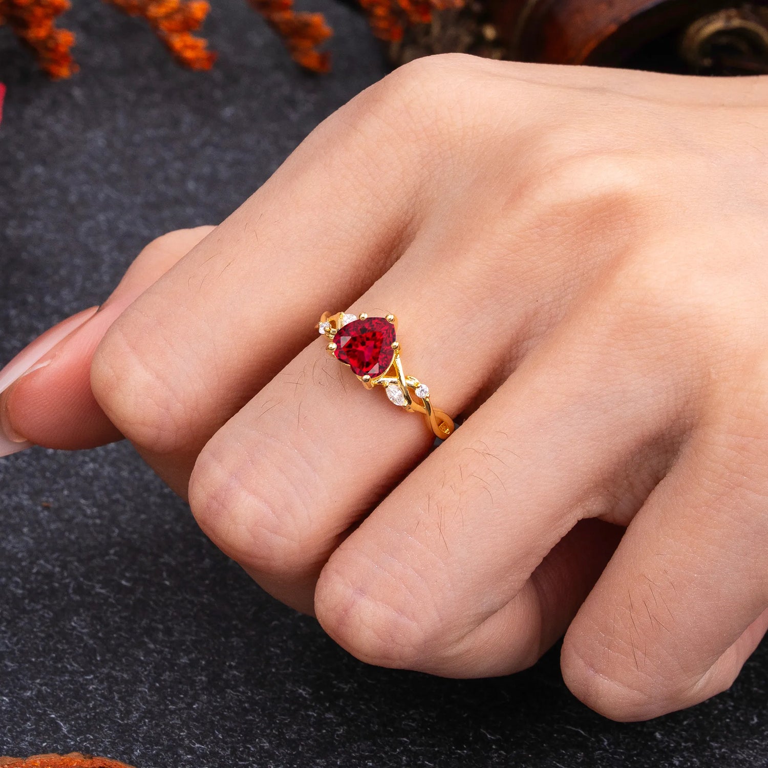 Vintage 5-Prong Heart-Cut Ruby Engagement Ring