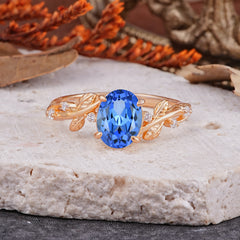 Nature-Inspired Oval Cut Leaf Sapphire Promise Ring for Women