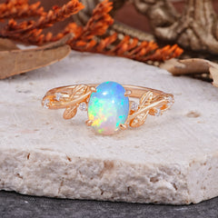 Nature-Inspired Oval Cut Leaf Opal Promise Ring for Women