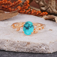 Nature-Inspired Oval Cut Leaf Turquoise Promise Ring for Women