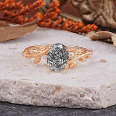 Nature-Inspired Oval Cut Leaf Black Rutilated Quartz Promise Ring for Women