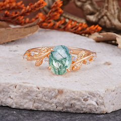 Nature-Inspired Oval Cut Leaf Moss Agate Promise Ring for Women