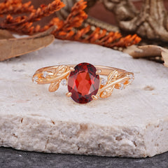 Nature-Inspired Oval Cut Leaf Garnet Promise Ring for Women