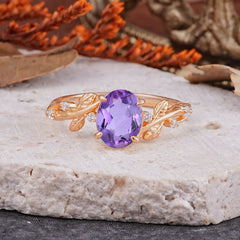 Nature-Inspired Oval Cut Leaf Amethyst Promise Ring for Women