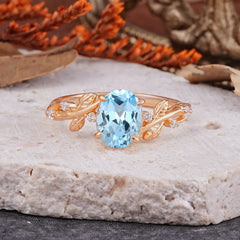 Nature-Inspired Oval Cut Leaf Aquamarine Promise Ring for Women