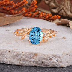 Nature-Inspired Oval Cut Leaf Aquamarine Promise Ring for Women