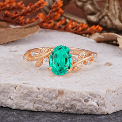 Nature-Inspired Oval Cut Leaf Emerald Promise Ring for Women
