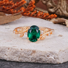 Nature-Inspired Oval Cut Leaf Emerald Promise Ring for Women
