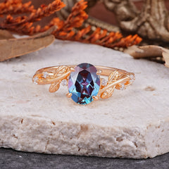 Nature-Inspired Oval Cut Leaf Alexandrite Promise Ring for Women