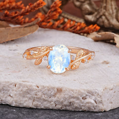 Nature-Inspired Oval Cut Leaf Moonstone Promise Ring for Women