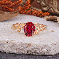 Nature-Inspired Oval Cut Leaf Ruby Promise Ring for Women