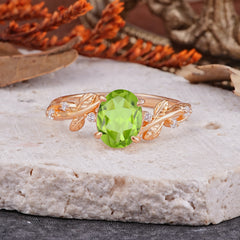 Nature-Inspired Oval Cut Leaf Peridot Promise Ring for Women