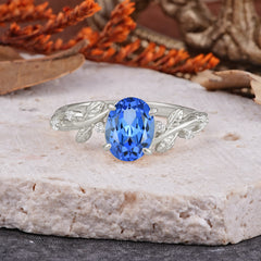 Nature-Inspired Oval Cut Leaf Sapphire Promise Ring for Women