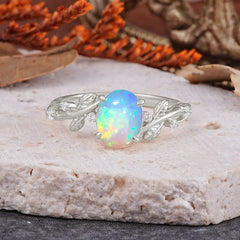 Nature-Inspired Oval Cut Leaf Opal Promise Ring for Women