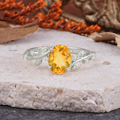 Nature-Inspired Oval Cut Leaf Citrine Promise Ring for Women