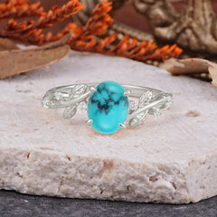 Nature-Inspired Oval Cut Leaf Turquoise Promise Ring for Women