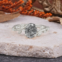 Nature-Inspired Oval Cut Leaf Black Rutilated Quartz Promise Ring for Women