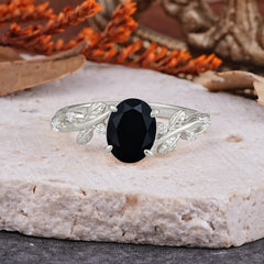 Nature-Inspired Oval Cut Leaf Black Onyx Promise Ring for Women