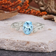 Nature-Inspired Oval Cut Leaf Aquamarine Promise Ring for Women
