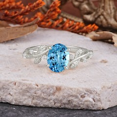 Nature-Inspired Oval Cut Leaf Aquamarine Promise Ring for Women