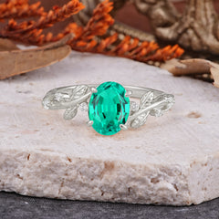 Nature-Inspired Oval Cut Leaf Emerald Promise Ring for Women