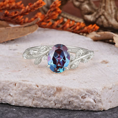 Nature-Inspired Oval Cut Leaf Alexandrite Promise Ring for Women
