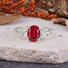 Nature-Inspired Oval Cut Leaf Ruby Promise Ring for Women