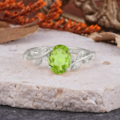 Nature-Inspired Oval Cut Leaf Peridot Promise Ring for Women