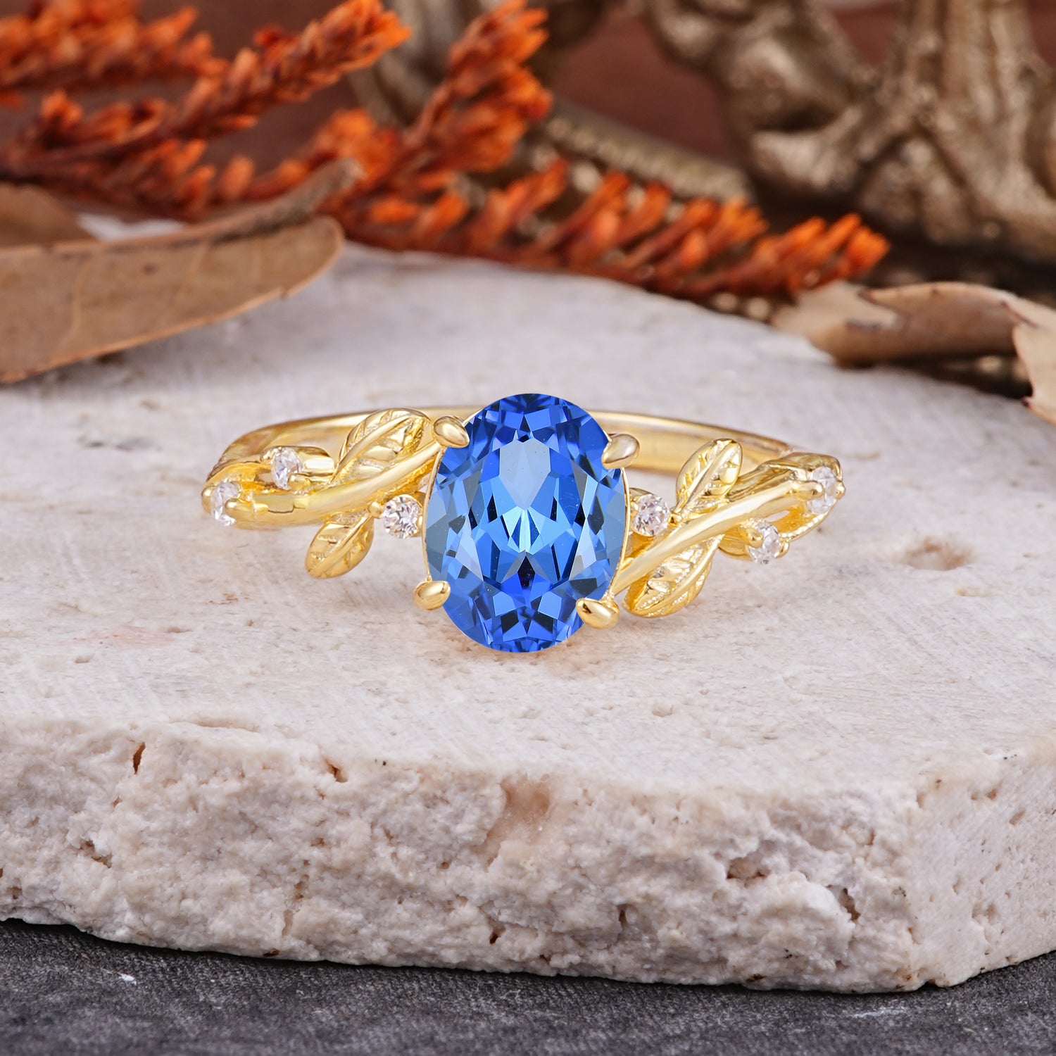 Nature-Inspired Oval Cut Leaf Sapphire Engagement Ring for Women
