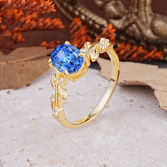 Nature-Inspired Oval Cut Leaf Sapphire Promise Ring for Women