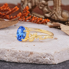 Nature-Inspired Oval Cut Leaf Sapphire Promise Ring for Women