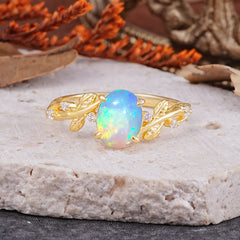 Nature-Inspired Oval Cut Leaf Opal Promise Ring for Women