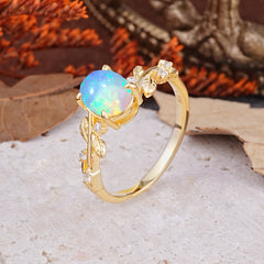 Nature-Inspired Oval Cut Leaf Opal Promise Ring for Women
