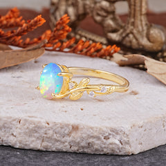 Nature-Inspired Oval Cut Leaf Opal Promise Ring for Women