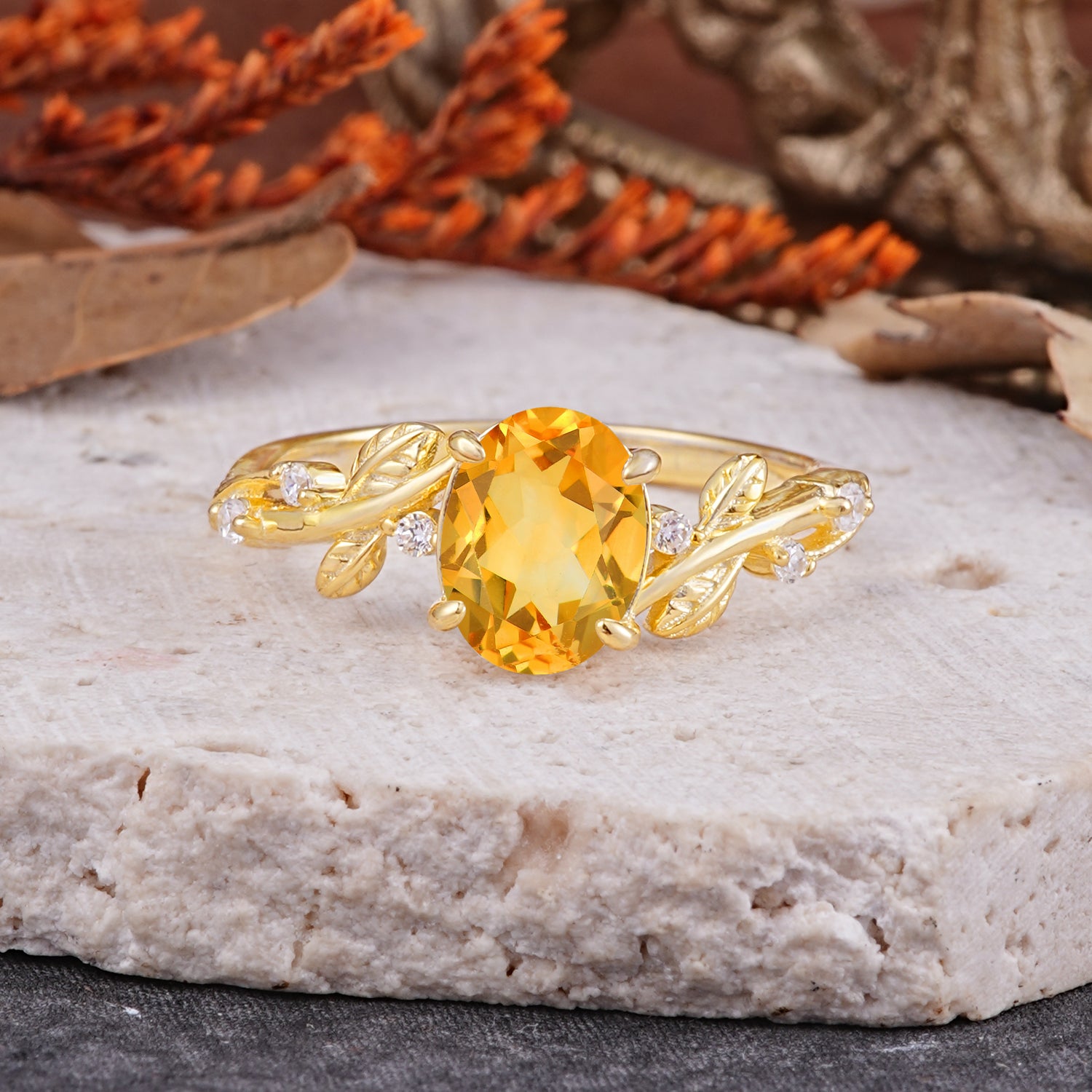 Nature-Inspired Oval Cut Leaf Citrine Engagement Ring for Women