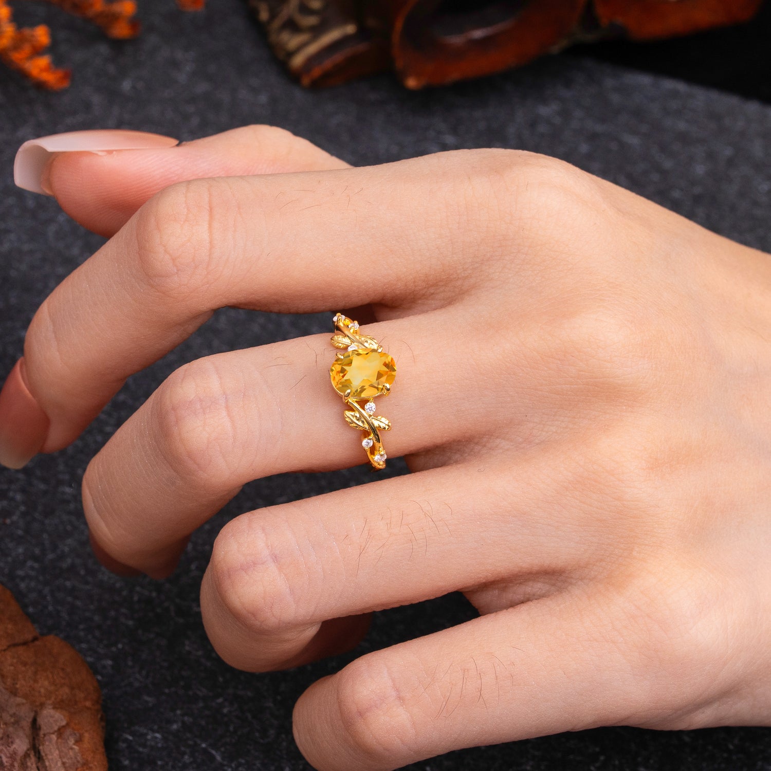Nature-Inspired Oval Cut Leaf Citrine Engagement Ring for Women