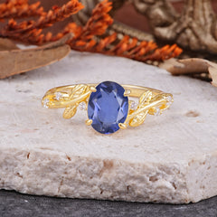 Nature-Inspired Oval Cut Leaf Tanzanite Promise Ring for Women