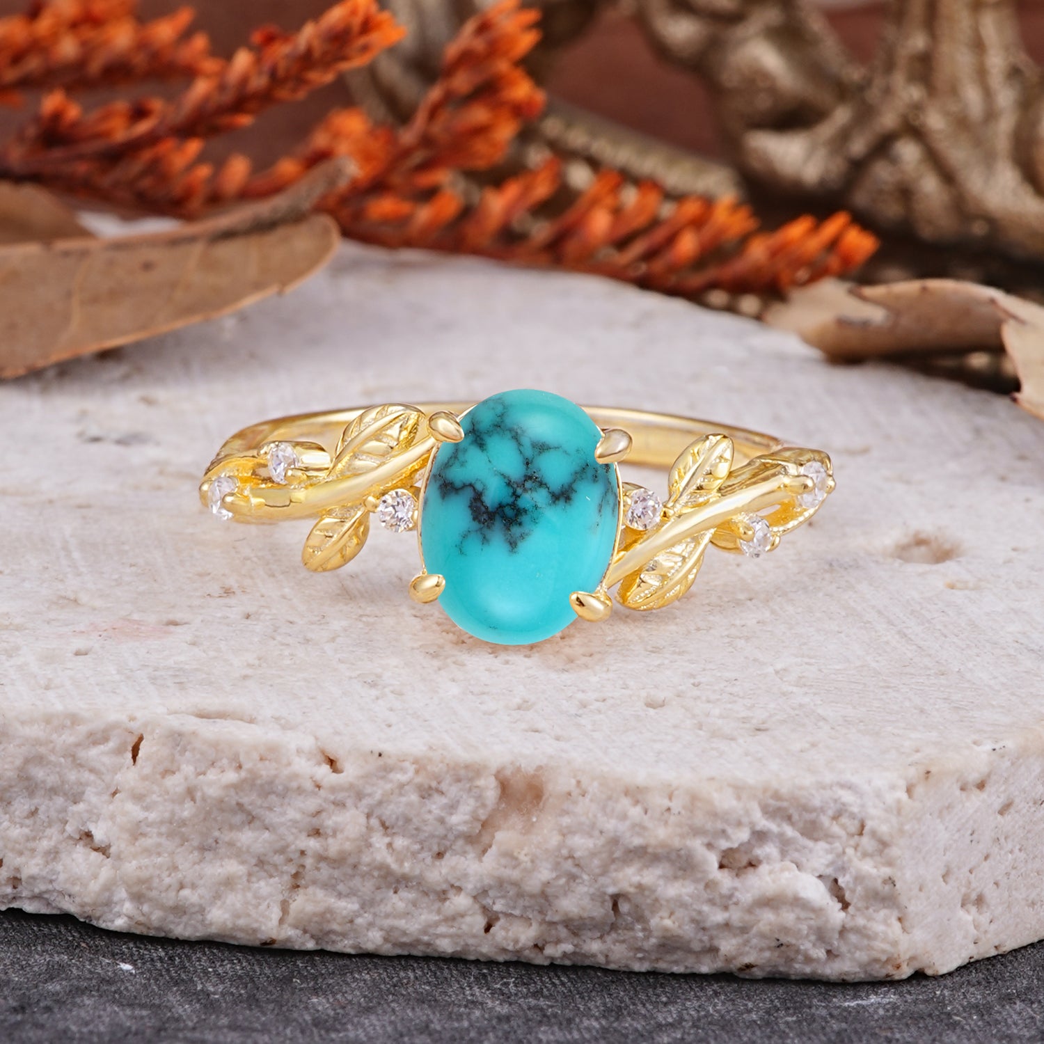 Nature-Inspired Oval Cut Leaf Turquoise Engagement Ring for Women