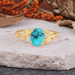 Nature-Inspired Oval Cut Leaf Turquoise Promise Ring for Women