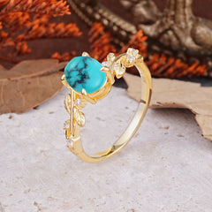Nature-Inspired Oval Cut Leaf Turquoise Promise Ring for Women