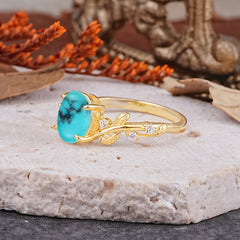 Nature-Inspired Oval Cut Leaf Turquoise Promise Ring for Women