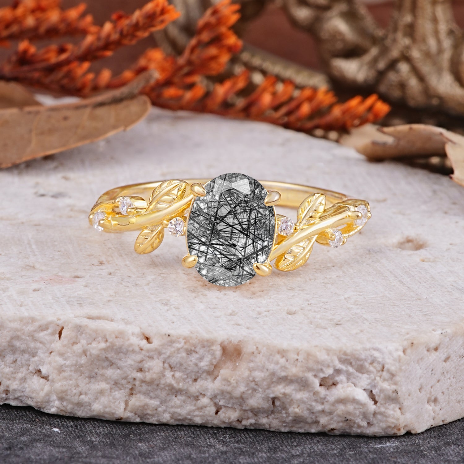 Nature-Inspired Oval Cut Leaf Black Rutilated Quartz Engagement Ring for Women