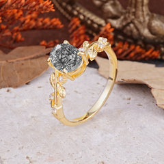 Nature-Inspired Oval Cut Leaf Black Rutilated Quartz Promise Ring for Women