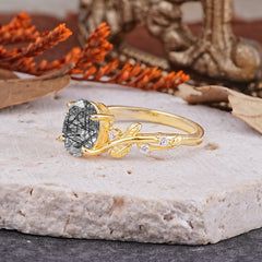 Nature-Inspired Oval Cut Leaf Black Rutilated Quartz Promise Ring for Women