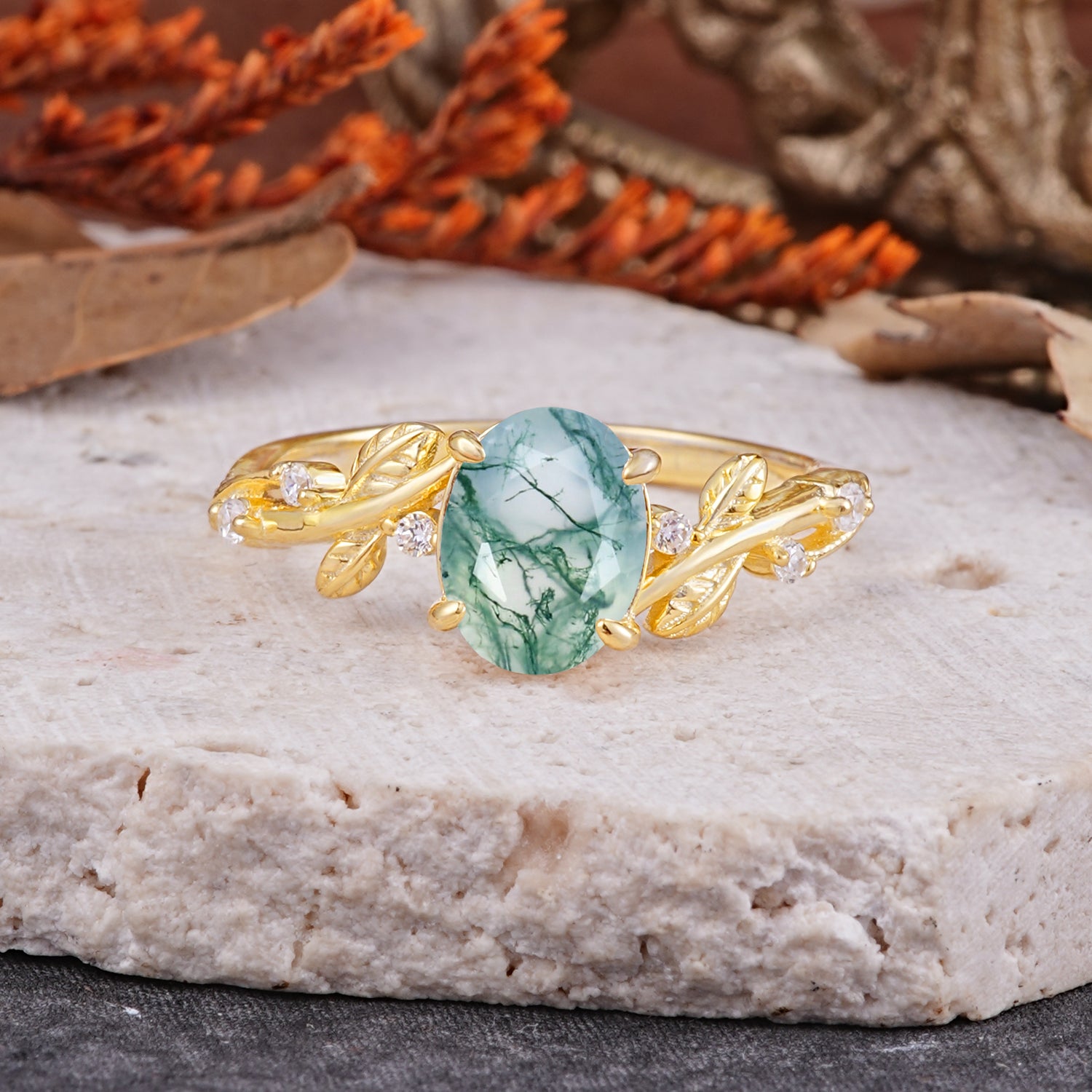 Nature-Inspired Oval Cut Leaf Moss Agate Engagement Ring for Women