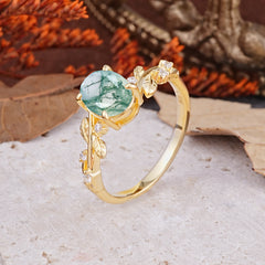 Nature-Inspired Oval Cut Leaf Moss Agate Promise Ring for Women
