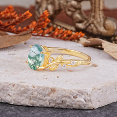 Nature-Inspired Oval Cut Leaf Moss Agate Promise Ring for Women