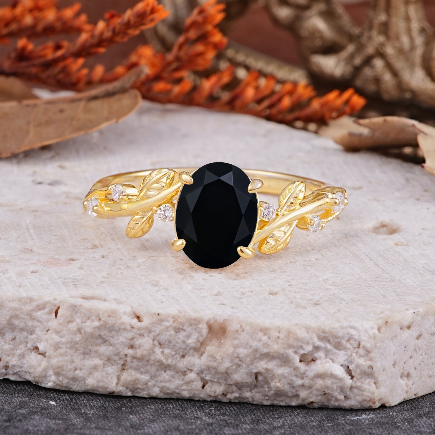 Nature-Inspired Oval Cut Leaf Black Onyx Engagement Ring for Women